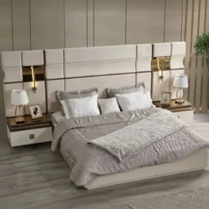 Turkish Style Half Deco Upholstered Bed in White and Brown Leather - Image 1