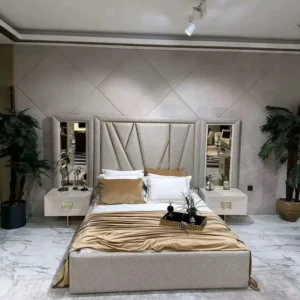 Premium Turkish Fabric Bed with Geometric Patterned Headboard and Mirrored Side Panels - Image 1