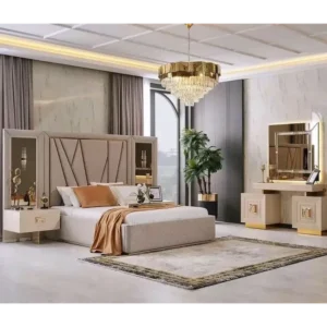 Premium Turkish Fabric Bed with Geometric Patterned Headboard and Mirrored Side Panels - Image 2