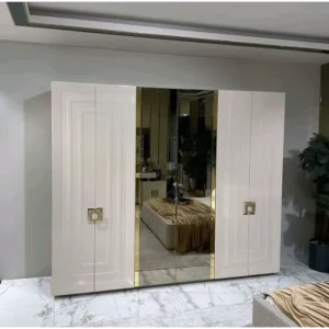 Premium Turkish Fabric Bed with Geometric Patterned Headboard and Mirrored Side Panels - Image 3