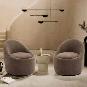 Contemporary Grey Boucle Swivel Bedroom Chairs with Sculptural Silhouette - Image 1
