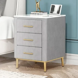 Luxury Velvet Grey Nightstand with White Marble Top and Gold Accents - Image 1