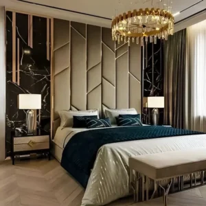 Turkish Style Wall Bed with Grey Velvet Geometric Headboard and Marble Accents - Image 1