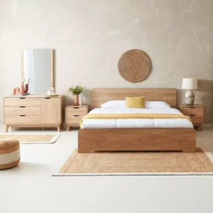 Modern Light Brown Wood Bed Set with Rounded Edges and Matching Nightstands - Image 1