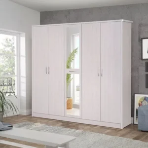 Simple Large 5-Door White Wardrobe with Central Mirror - Image 1