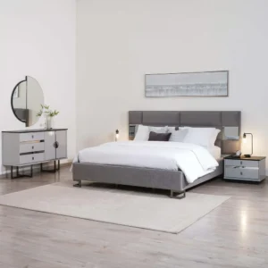 Grey Velvet Turkish Fabric Bed with Integrated Side Mirrors - Image 1