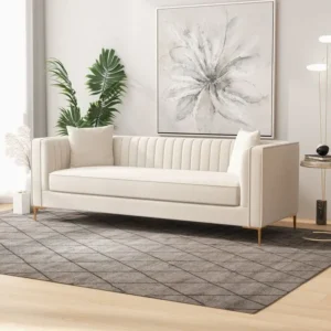 Elegant Turkish White Velvet Sofa with Square Channel Stitching and Gold Tapered Legs - Image 1