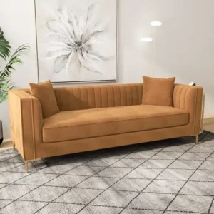 Elegant Turkish White Velvet Sofa with Square Channel Stitching and Gold Tapered Legs - Image 2