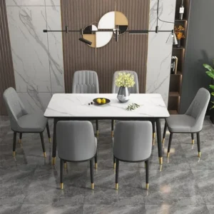 Contemporary Marble Top Dining Table Set with Grey Velvet Chairs and Gold Accents - Image 1