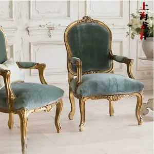 Luxury Green Velvet Carved Wood Bedroom Chairs with Gold Leaf Finish - Image 1