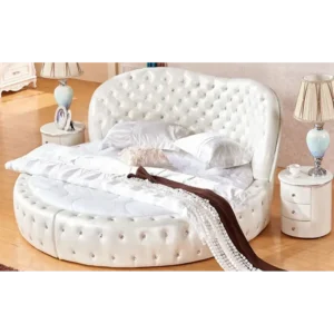 Royal White Leatherette Round Bed with Crystal Tufted Headboard - Image 1
