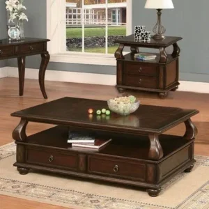 Traditional Luxury Dark Brown Wood Coffee Table with Carved Legs and Drawers - Image 1