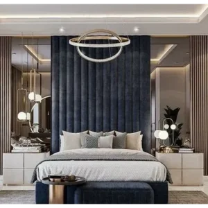 Royal Blue Velvet Wall Bed with Integrated Nightstands and Halo Lighting - Image 1