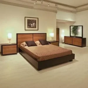 Classic Two-Tone Polish Wood Bed with Vertical Grain Headboard and Nightstands - Image 1