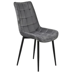 Grey Velvet Quilted Dining Chair with Slim Black Metal Tapered Legs - Image 1