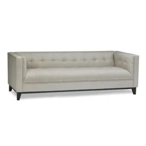 Sophisticated Cream Jute Fabric Tufted Sofa with Dark Wood Base - Image 1