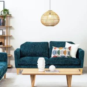 Elegant Deep Teal Textured Fabric Sofa with Natural Light Brown Wooden Legs - Image 2