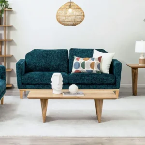 Elegant Deep Teal Textured Fabric Sofa with Natural Light Brown Wooden Legs - Image 3