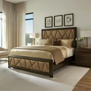 Grand Classic Dark Brown Bed with Beige Geometric Velvet Tufting - Image 1