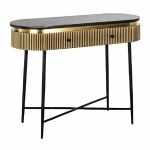 Luxe Gold Ribbed Console Table with Black Marble Top and Sleek Metal Legs - Image 1
