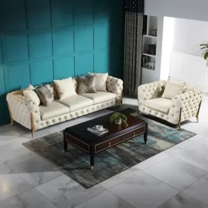 Regency Modern White Leather Rite Sofa Set with Gold Detail - Image 1