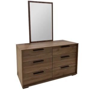 Modern Deep Brown Wood Grain 6-Drawer Dressing Table with Rectangular Mirror - Image 1