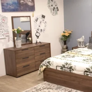 Modern Deep Brown Wood Grain 6-Drawer Dressing Table with Rectangular Mirror - Image 2