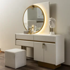 Modern White Deco Dressing Table with Integrated LED Backlit Mirror - Image 1
