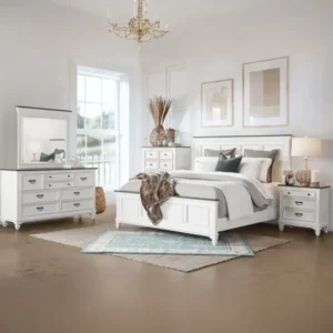 Classic Coastal White Bedroom Set with Dark Wood Tops and Paneled Headboard - Image 1