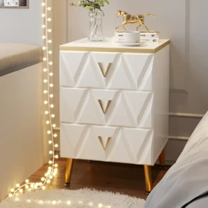 Luxe White Geometric 3-Drawer Side Table with Gold V-Pull Handles - Image 1