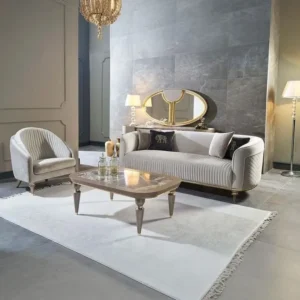 Turkish Style Grey Velvet Sofa with Quilted Sides and Gold Accents - Image 1