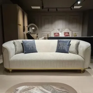 Turkish Style Grey Velvet Sofa with Quilted Sides and Gold Accents - Image 2