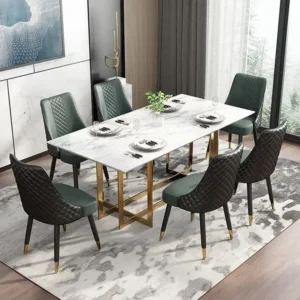 Contemporary Marble Top Dining Table with Green Leather Quilted Chairs - Image 1