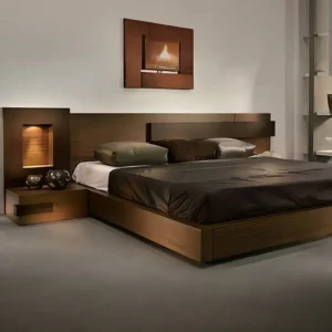 Ultra-Modern Dark Walnut Platform Bed with Integrated LED Lighting and Floating Bedside - Image 1