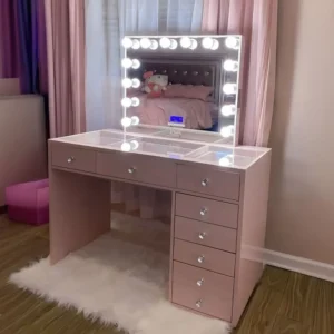 Glamorous Pink Hollywood Vanity Dressing Table with LED Mirror - Image 1