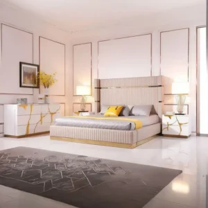 Turkish Style Beige Fabric Bed with Gold Inlay and Fluted Headboard - Image 1