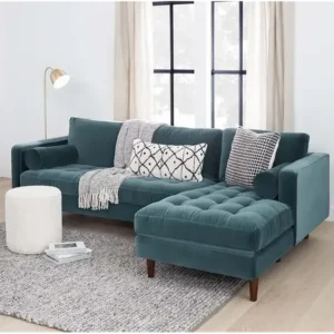 Modern Teal Blue Velvet L-Shaped Sectional Sofa with Bolsters - Image 1