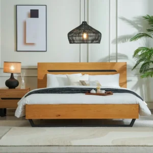 Scandi-Style Light Brown Oak Wooden Bed with Black Metal Geometric Base - Image 1