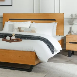 Scandi-Style Light Brown Oak Wooden Bed with Black Metal Geometric Base - Image 2