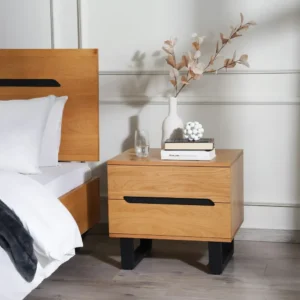 Scandi-Style Light Brown Oak Wooden Bed with Black Metal Geometric Base - Image 3