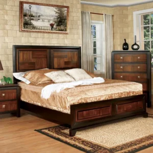 Classic Dark Brown Polish Bed with Intricate Wood Paneling - Image 1