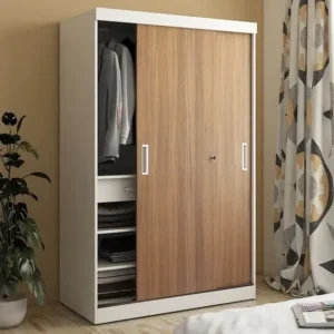 Modern Two-Tone Sliding Door Wardrobe with White Frame and Oak Finish - Image 1