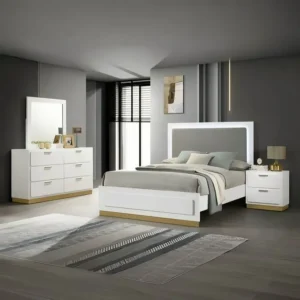 Luxury White Deco Bed with LED Backlit Headboard and Gold Trim - Image 1