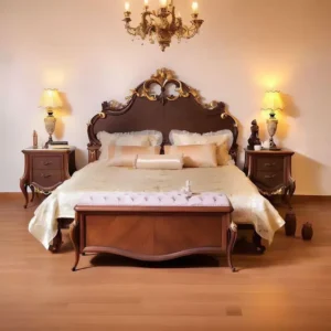 Luxury Grand Polish Bed Set with Ornate Gold Carvings and Dark Brown Finish - Image 1