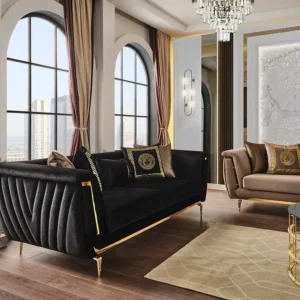 Opulent Turkish Style Velvet Sofa Set with Gold Stainless Steel Accents - Image 2