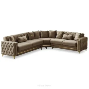 Turkish Style Brown Velvet L-Shaped Sectional Sofa with Gold Trim - Image 1