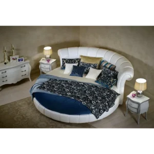 Royal White Circular Tufted Leatherette Bed with Integrated Shelving and Classic Flourish - Image 1