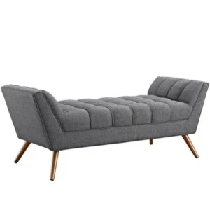 Mid-Century Modern Grey Jute Upholstered Settee with Tufted Seat and Gold Tapered Legs - Image 1