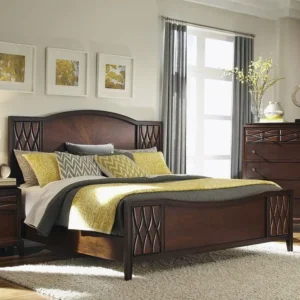 Classic Dark Brown Polish Wood Bed with Intricate Diamond Lattice Carvings - Image 1