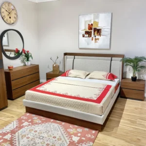 Modern Scandinavian Light Brown Wood Bed with White Jute Padding - Image 1